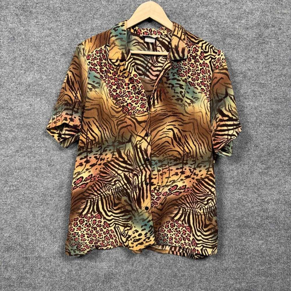 Donnkenny Woman Plus Sz 1X Shirt Brown Animal Tropical Print Old Moneyβ Collared